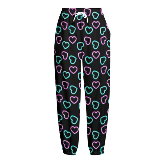 Pink And Blue Lights Heart Pattern Print Fleece Lined Knit Pants