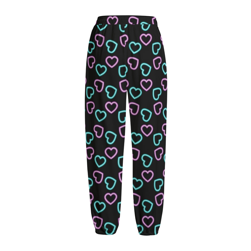 Pink And Blue Lights Heart Pattern Print Fleece Lined Knit Pants