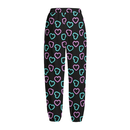 Pink And Blue Lights Heart Pattern Print Fleece Lined Knit Pants