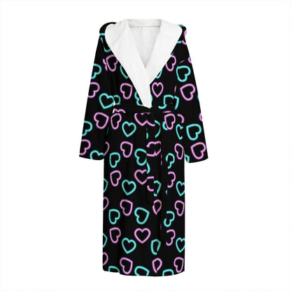 Pink And Blue Lights Heart Pattern Print Hooded Bathrobe