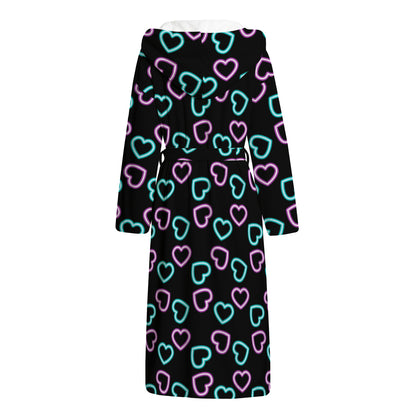 Pink And Blue Lights Heart Pattern Print Hooded Bathrobe