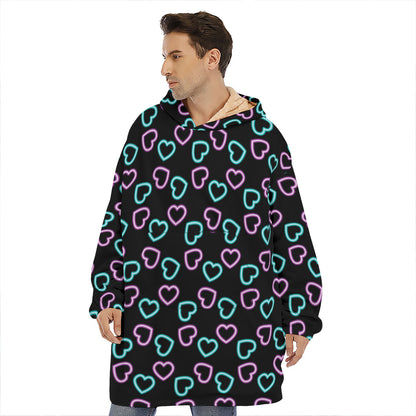 Pink And Blue Lights Heart Pattern Print Hoodie Blanket