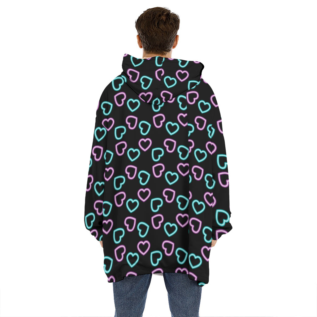 Pink And Blue Lights Heart Pattern Print Hoodie Blanket
