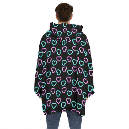 Pink And Blue Lights Heart Pattern Print Hoodie Blanket