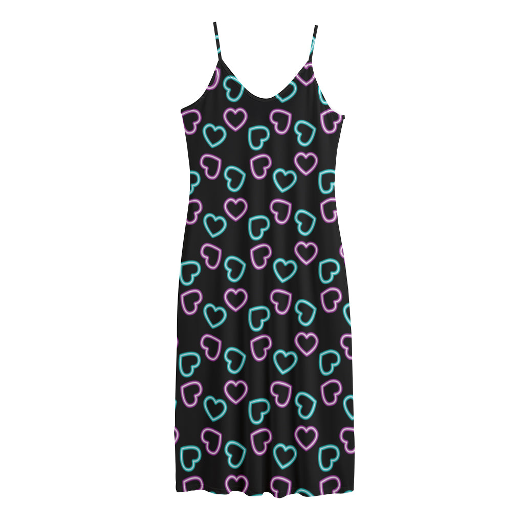 Pink And Blue Lights Heart Pattern Print Jersey Midi Cami Dress