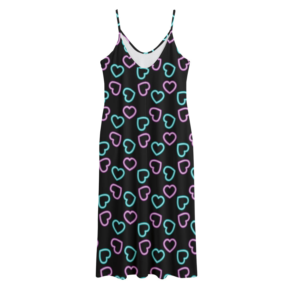 Pink And Blue Lights Heart Pattern Print Jersey Midi Cami Dress