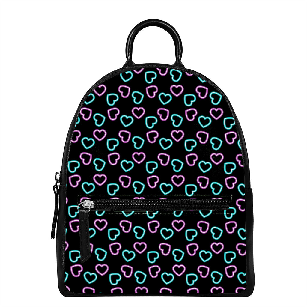 Pink And Blue Lights Heart Pattern Print Leather Backpack