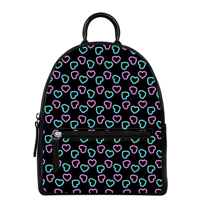 Pink And Blue Lights Heart Pattern Print Leather Backpack