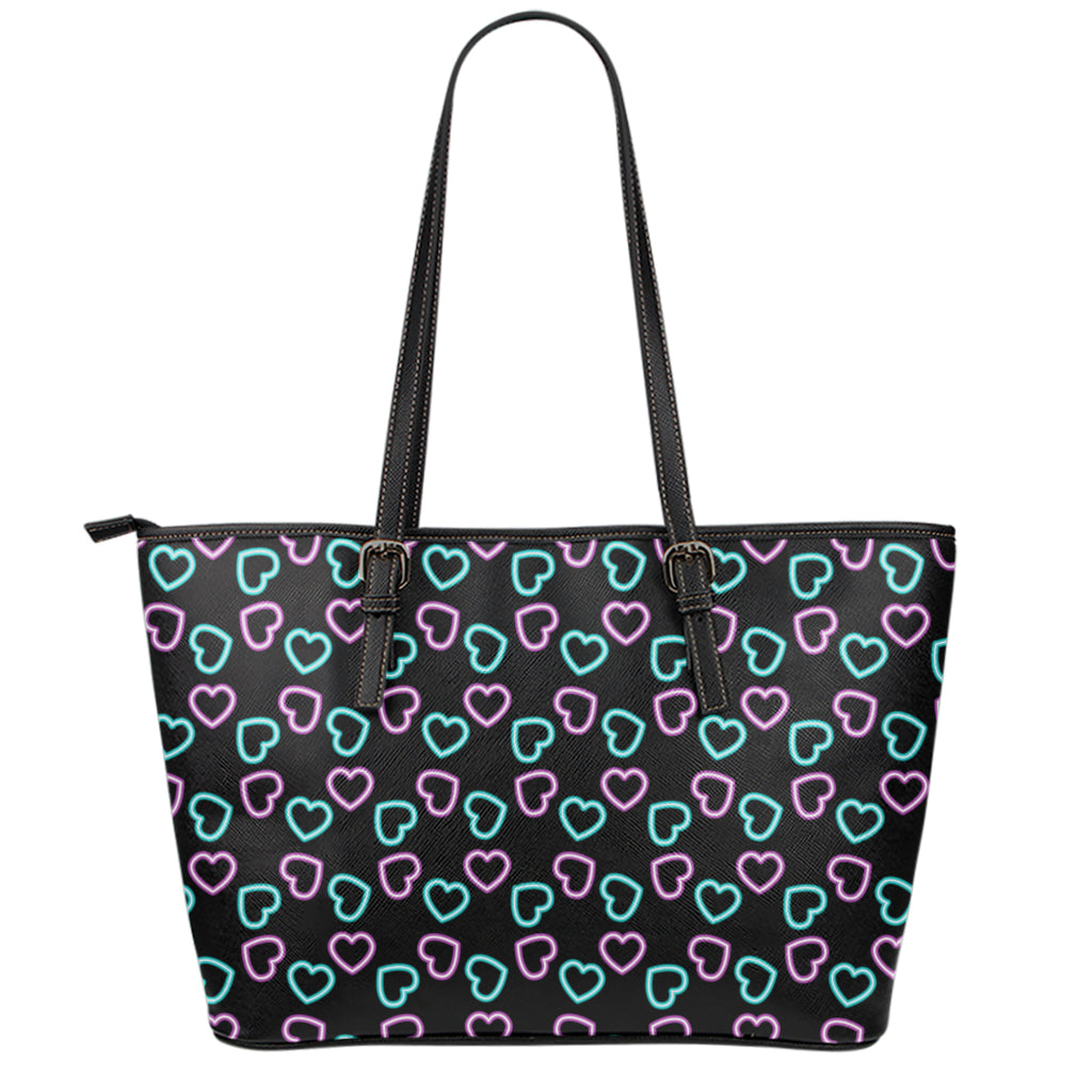 Pink And Blue Lights Heart Pattern Print Leather Tote Bag