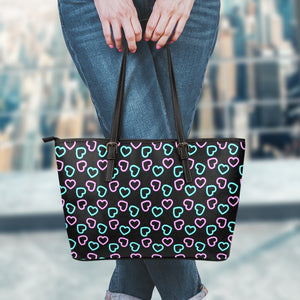 Pink And Blue Lights Heart Pattern Print Leather Tote Bag