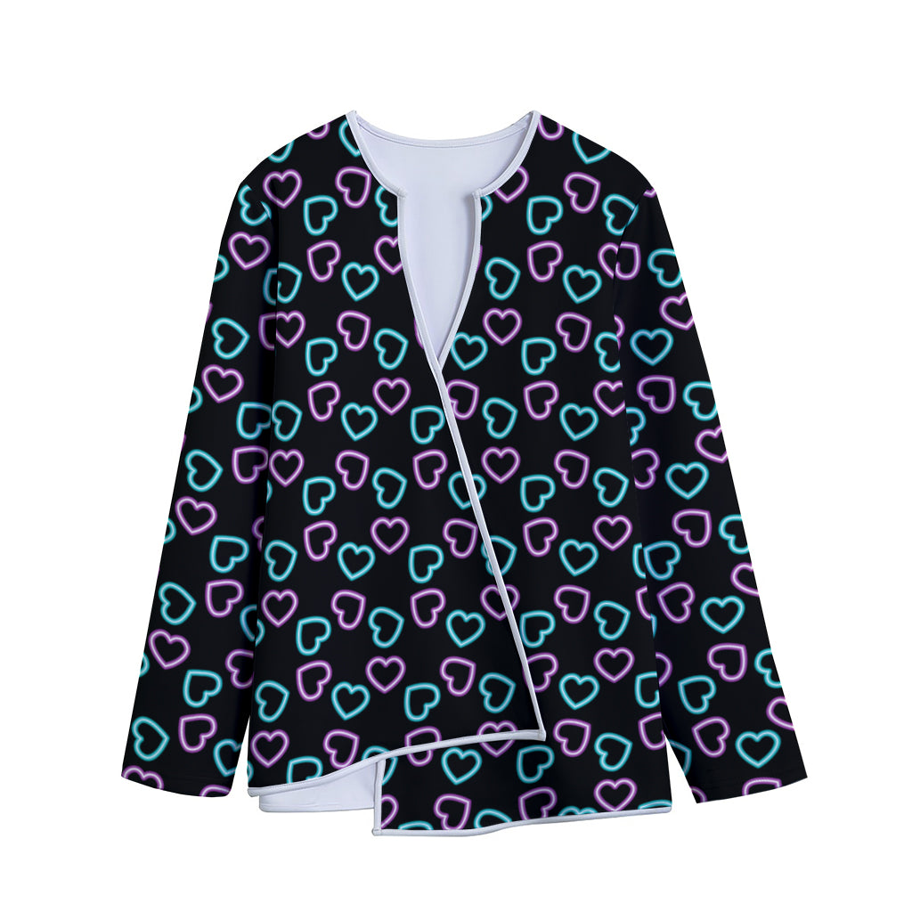 Pink And Blue Lights Heart Pattern Print Long Sleeve Short Coat