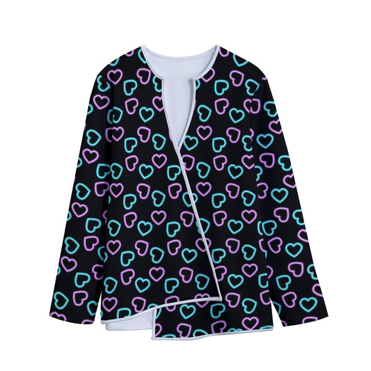 Pink And Blue Lights Heart Pattern Print Long Sleeve Short Coat