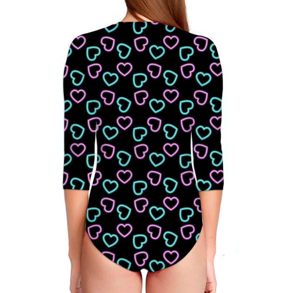 Pink And Blue Lights Heart Pattern Print Long Sleeve Swimsuit