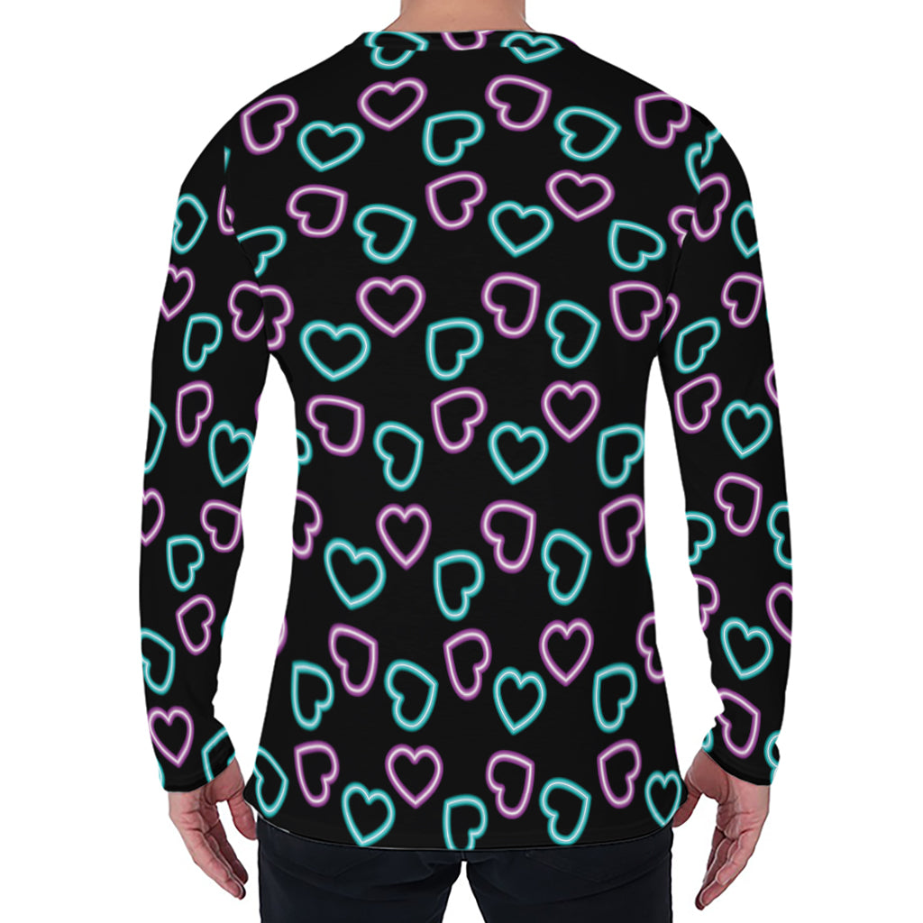 Pink And Blue Lights Heart Pattern Print Men's Long Sleeve T-Shirt