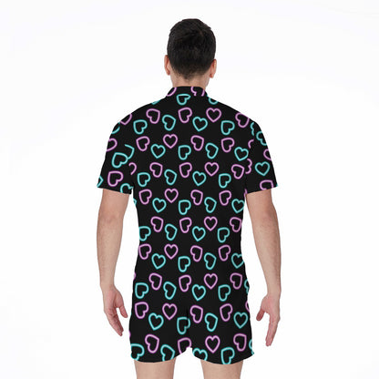 Pink And Blue Lights Heart Pattern Print Men's Rompers