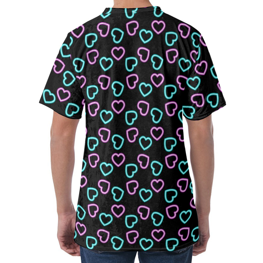 Pink And Blue Lights Heart Pattern Print Men's Velvet T-Shirt