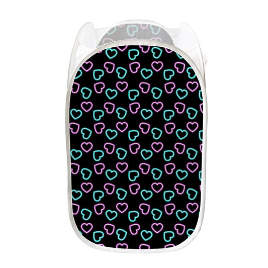 Pink And Blue Lights Heart Pattern Print Mesh Laundry Hamper