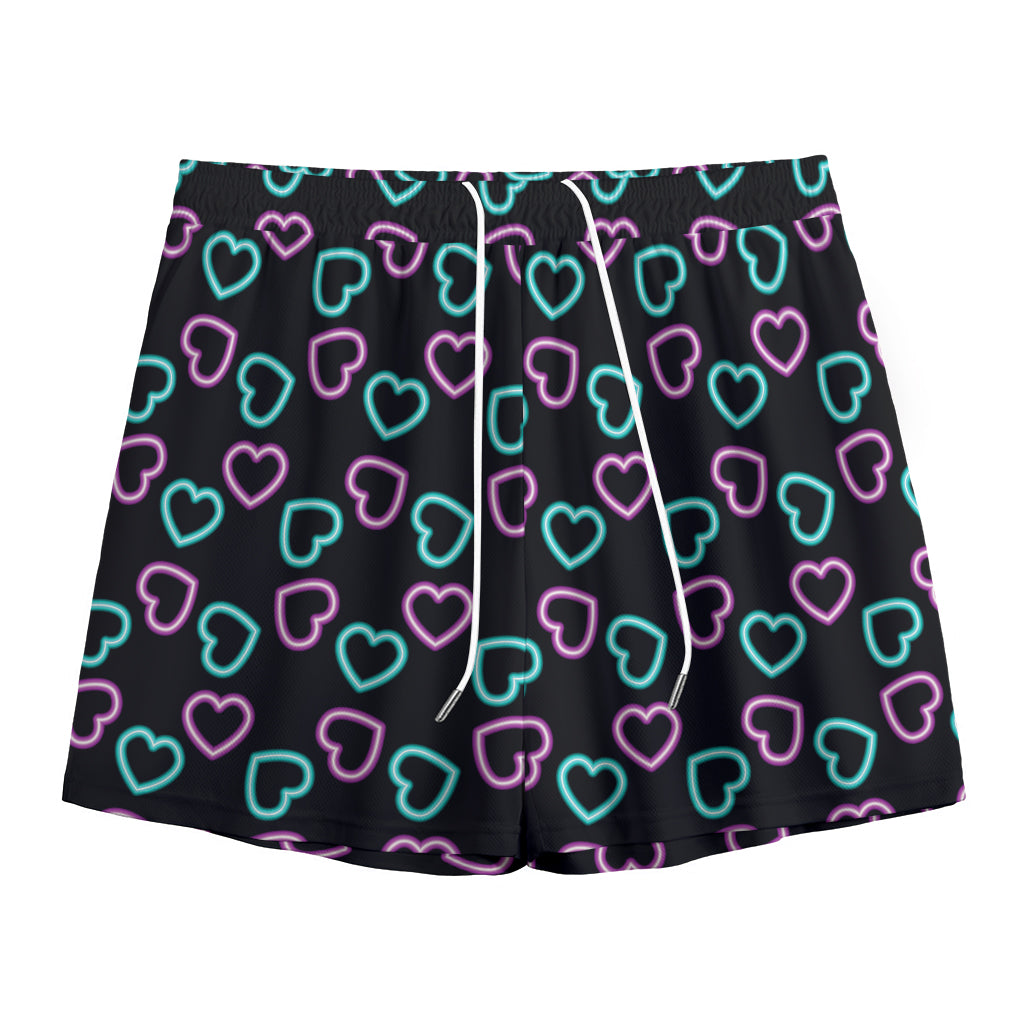 Pink And Blue Lights Heart Pattern Print Mesh Shorts