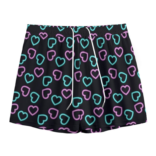Pink And Blue Lights Heart Pattern Print Mesh Shorts