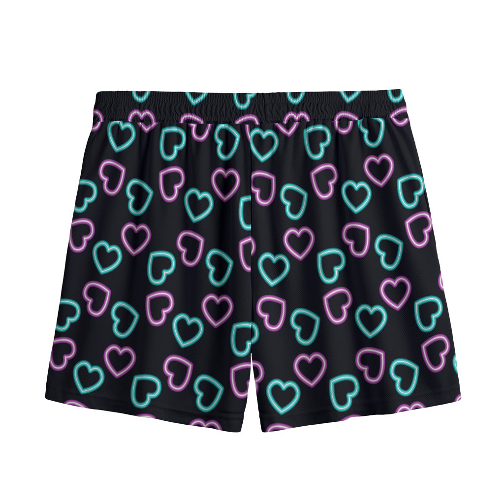 Pink And Blue Lights Heart Pattern Print Mesh Shorts
