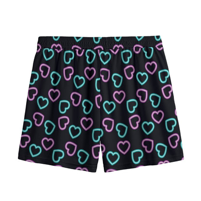 Pink And Blue Lights Heart Pattern Print Mesh Shorts
