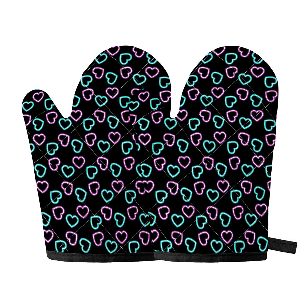 Pink And Blue Lights Heart Pattern Print Oven Mitts