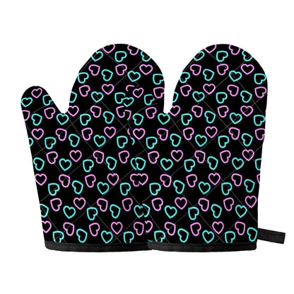 Pink And Blue Lights Heart Pattern Print Oven Mitts