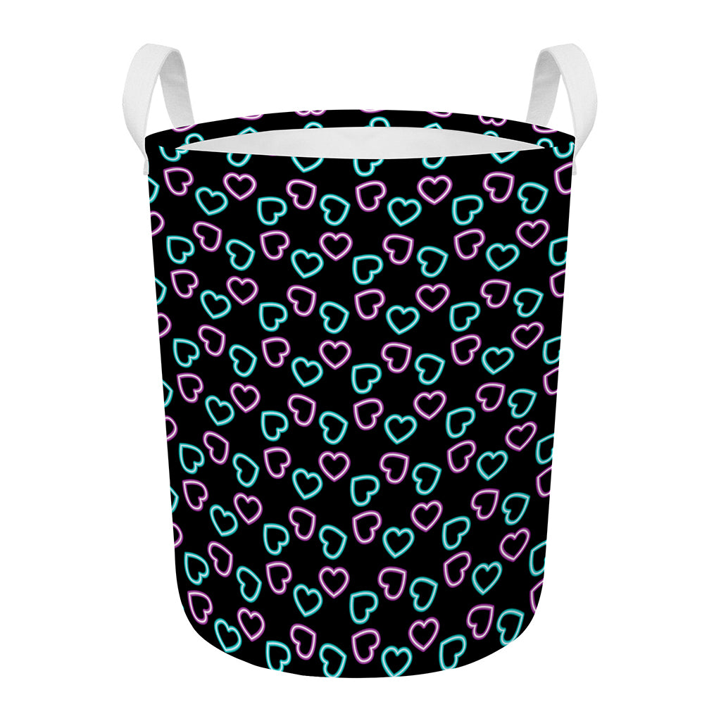 Pink And Blue Lights Heart Pattern Print Round Laundry Basket