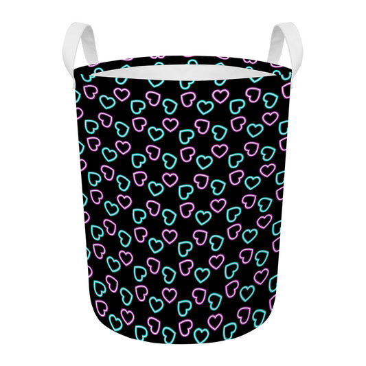 Pink And Blue Lights Heart Pattern Print Round Laundry Basket