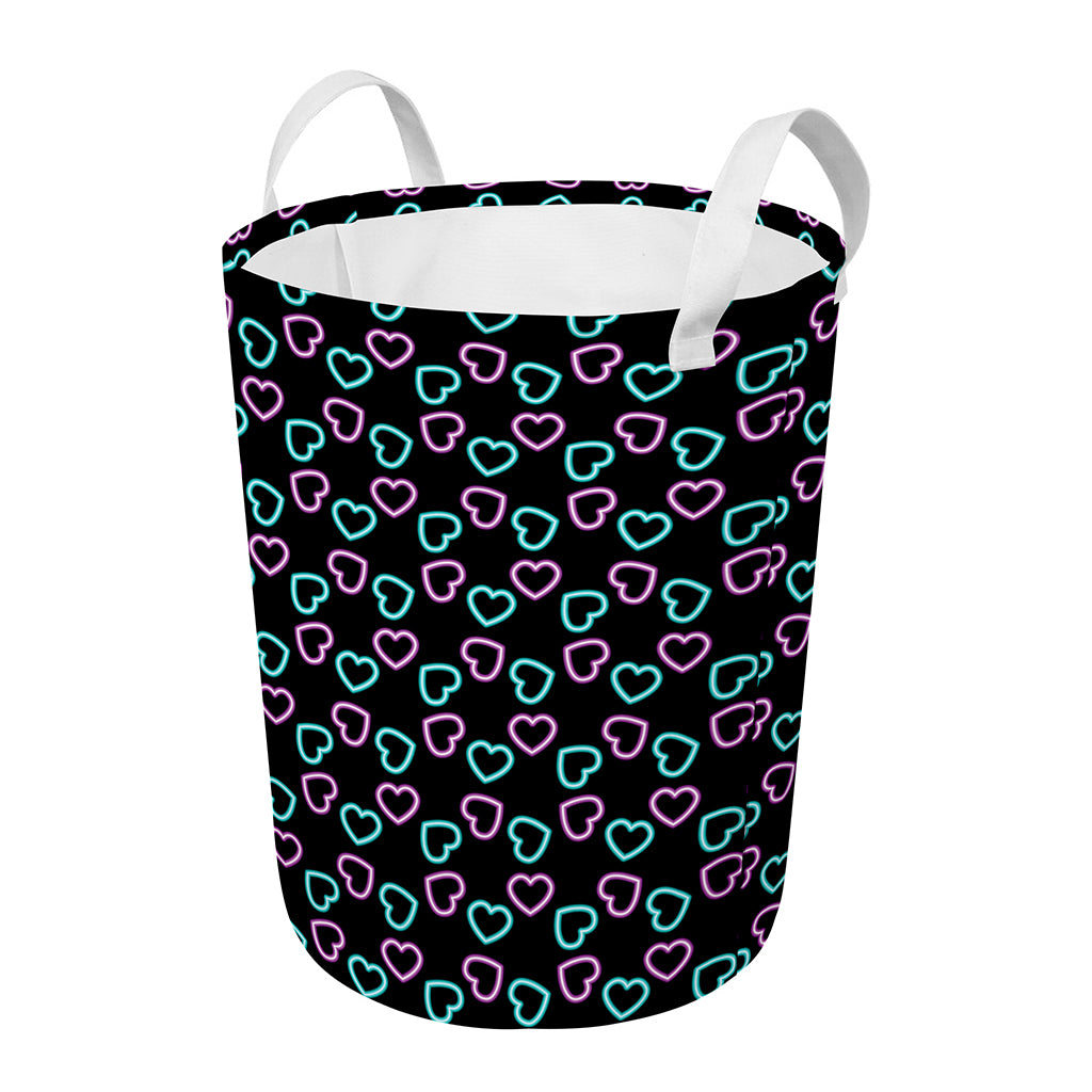 Pink And Blue Lights Heart Pattern Print Round Laundry Basket