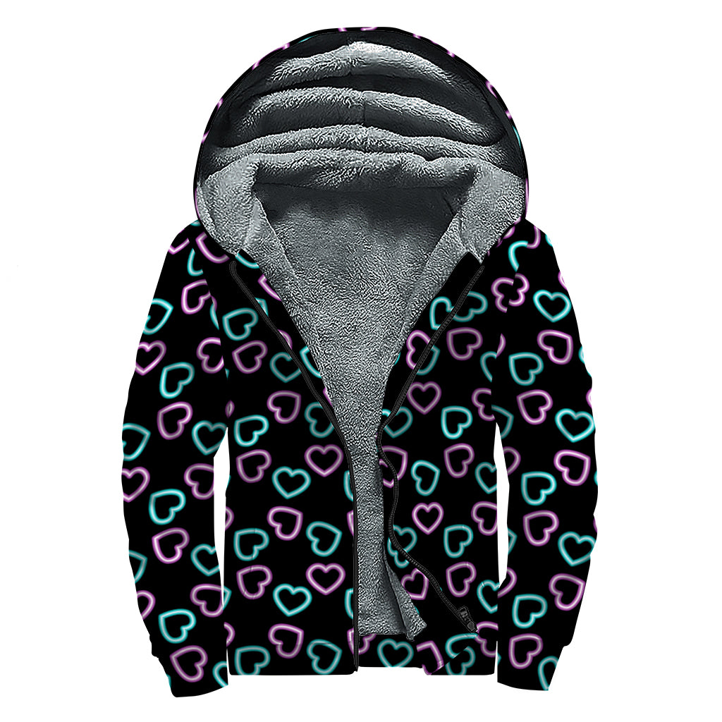 Pink And Blue Lights Heart Pattern Print Sherpa Lined Zip Up Hoodie