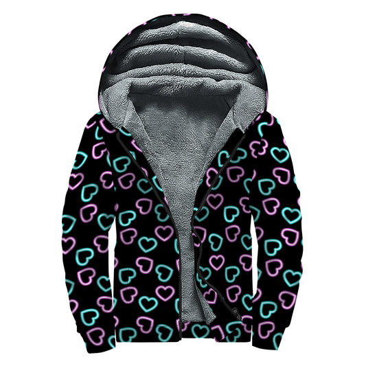Pink And Blue Lights Heart Pattern Print Sherpa Lined Zip Up Hoodie