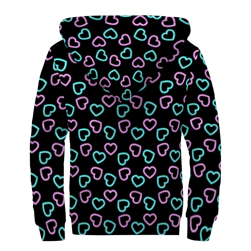 Pink And Blue Lights Heart Pattern Print Sherpa Lined Zip Up Hoodie