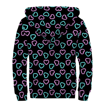 Pink And Blue Lights Heart Pattern Print Sherpa Lined Zip Up Hoodie