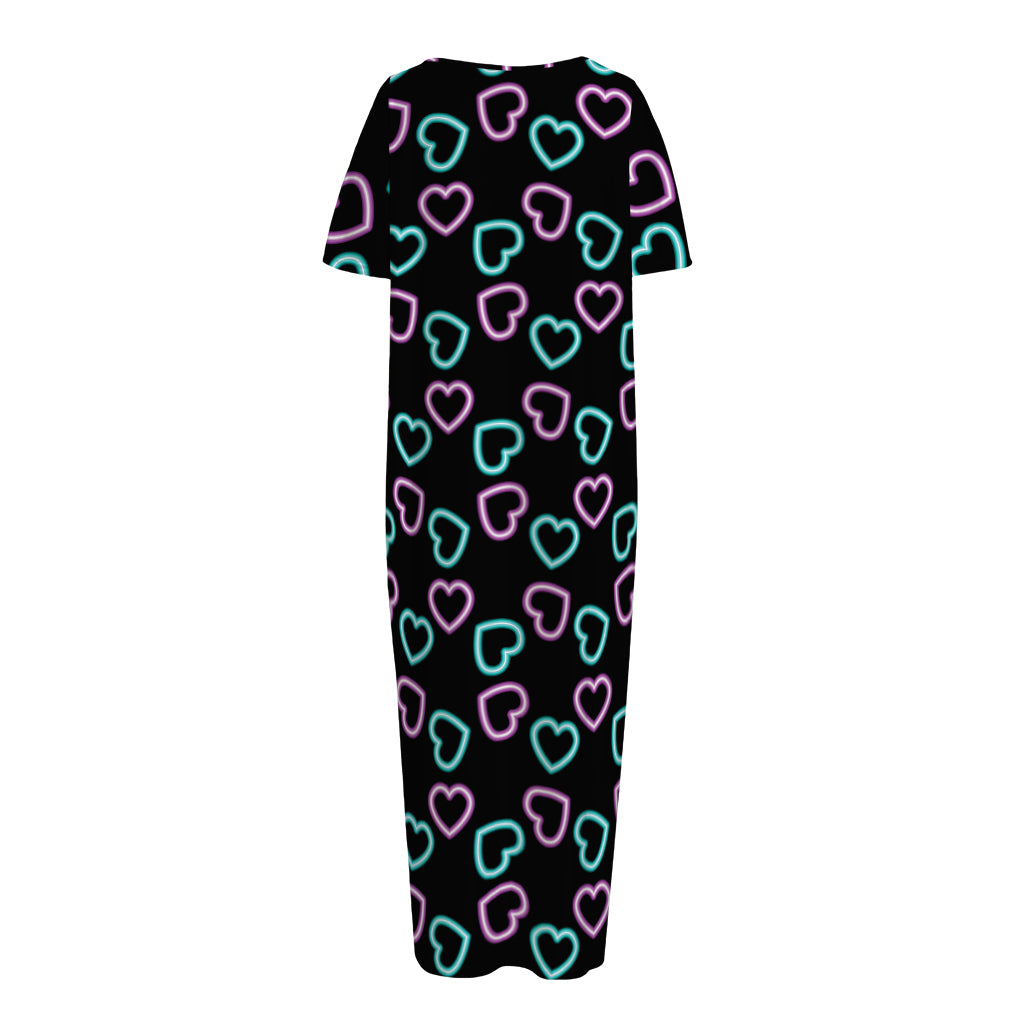 Pink And Blue Lights Heart Pattern Print Short Sleeve Long Nightdress