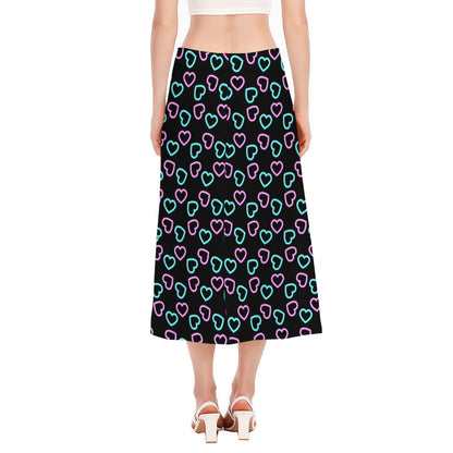 Pink And Blue Lights Heart Pattern Print Side Slit Midi Skirt