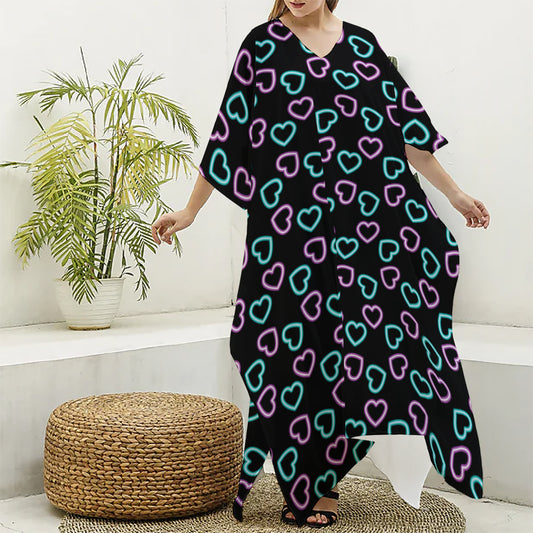 Pink And Blue Lights Heart Pattern Print Silk V-Neck Kaftan Dress