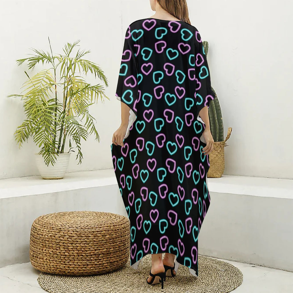 Pink And Blue Lights Heart Pattern Print Silk V-Neck Kaftan Dress
