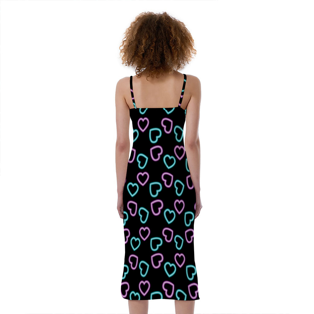 Pink And Blue Lights Heart Pattern Print Slim Fit Midi Cami Dress