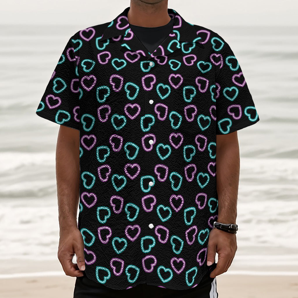 Pink And Blue Lights Heart Pattern Print Textured Short Sleeve Shirt