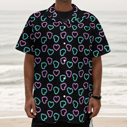Pink And Blue Lights Heart Pattern Print Textured Short Sleeve Shirt