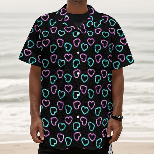 Pink And Blue Lights Heart Pattern Print Textured Short Sleeve Shirt