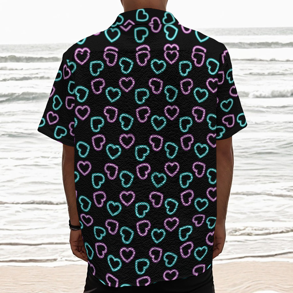 Pink And Blue Lights Heart Pattern Print Textured Short Sleeve Shirt