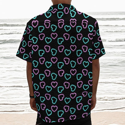 Pink And Blue Lights Heart Pattern Print Textured Short Sleeve Shirt
