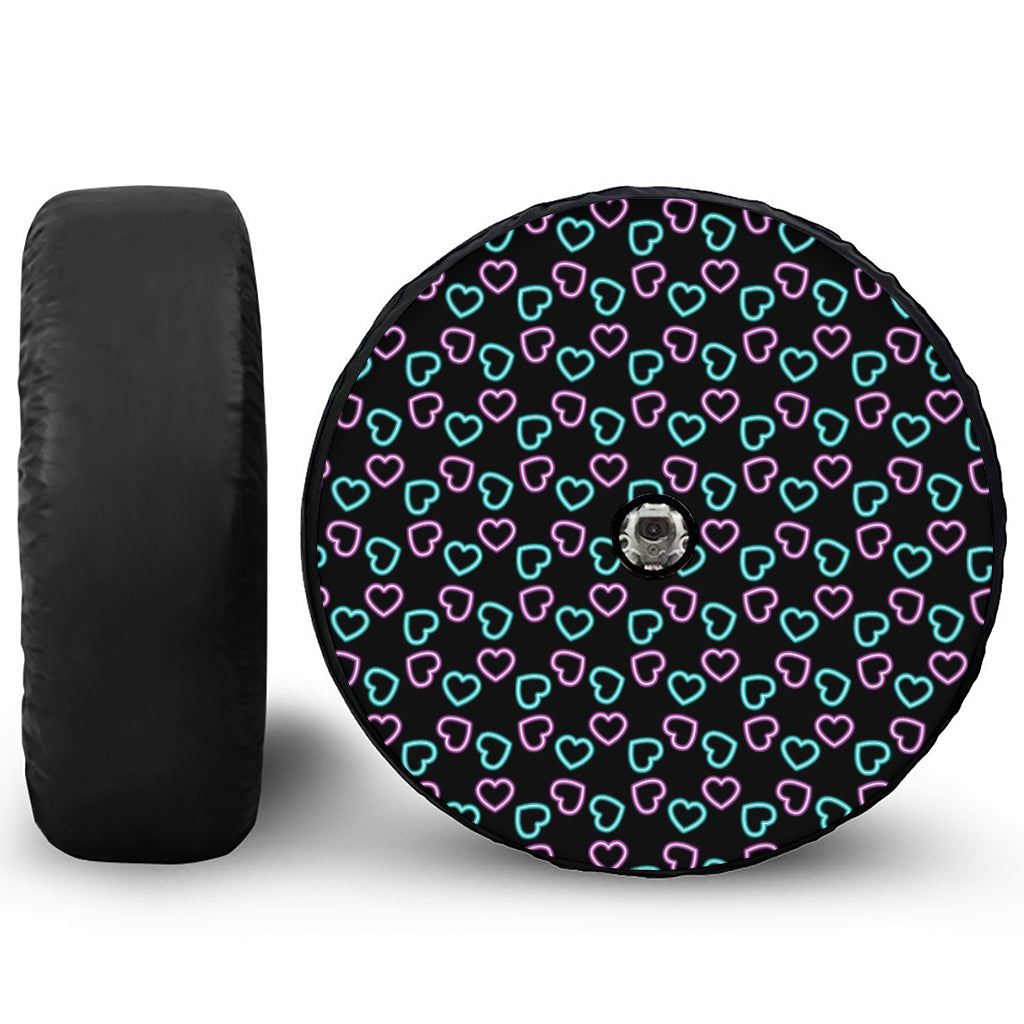 Pink And Blue Lights Heart Pattern Print Tire Cover With Camera Hole