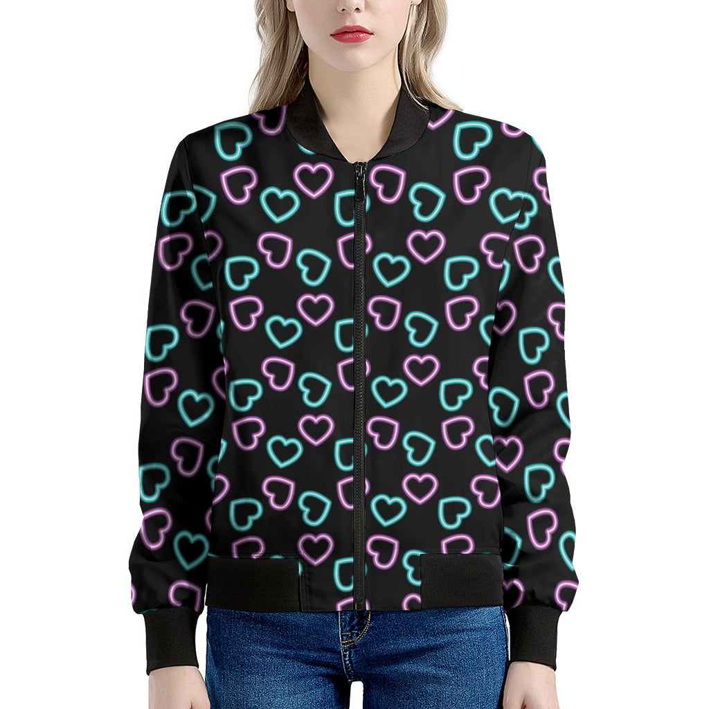 Pink And Blue Lights Heart Pattern Print Women's Bomber Jacket