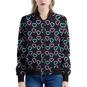 Pink And Blue Lights Heart Pattern Print Women's Bomber Jacket