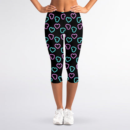 Pink And Blue Lights Heart Pattern Print Women's Capri Leggings