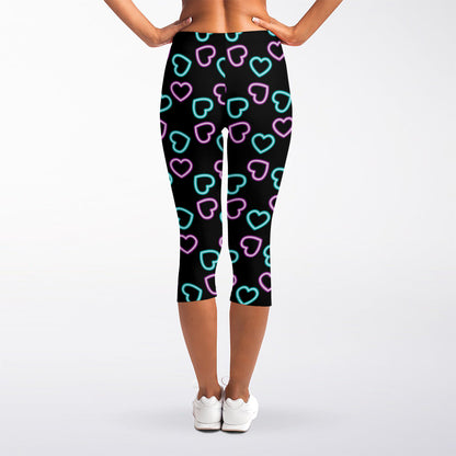 Pink And Blue Lights Heart Pattern Print Women's Capri Leggings
