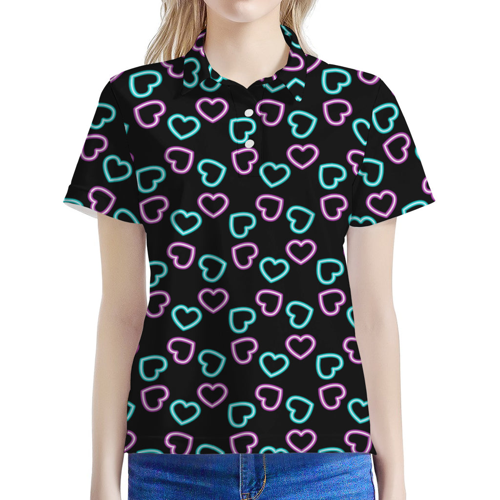Pink And Blue Lights Heart Pattern Print Women's Polo Shirt